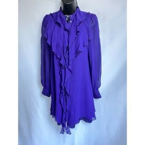 Armani Exchange Retro 100% Silk Purple Ruffle Button Down Dress Size 2 Formal